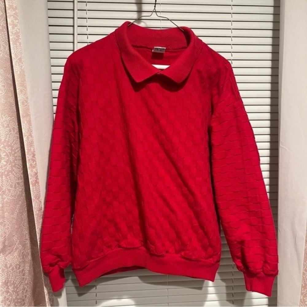 Vintage Textured Basketweave Long Sleeve Collar Shirt Red Size Small Cotton